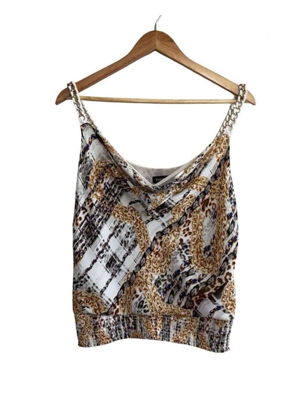 bebe Gold-Chain Print Cowl Tank Top - White, Gold & Brown